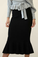 Shalon Ribbed Knit Fluted Hem Midi Skirt Antique Black