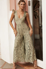 Take Note Laced-Back Frill Shoulder Lace Jumpsuit Beige/Olive