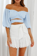 Linka Off-Shoulder Half Sleeve Tie-Back Crop Top Steel Blue