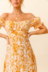 Linka Off-Shoulder Tie Back Midi Dress Printed Orange