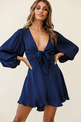 Madison Bow Tie Bust Balloon Sleeve Dress Navy