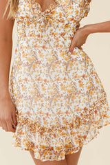 Match Maker Criss-Cross Back Frill Trim Dress Floral Print Yellow Multi