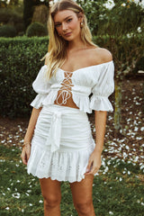 Josephina Off-Shoulder Lace-Up Front Crop Top White