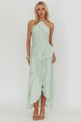 Nerisse Textured Frill Halter Maxi Dress Sage