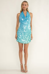 Misky Cowl Neck Sequin Mini Dress Blue Multi