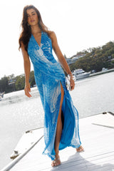 Palomino Plunging Halter Maxi Dress Print Blue