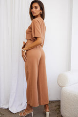 Larissa Crew Neck Ribbed Tee Crop Top Tan