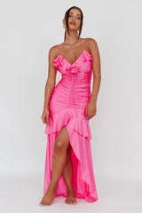 Rosalia Ruched Ruffle Maxi Dress Fuchsia