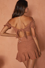 Rise And Shine Shirred Bodice Tied Back Crop Top Latte