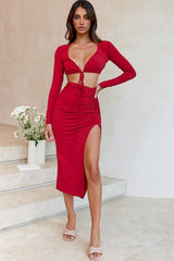 Manhattan Nights Ruched Detail Front Split Midi Skirt Wine
