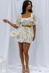Lilibet Puff Sleeve Drawstring Crop Top Floral White