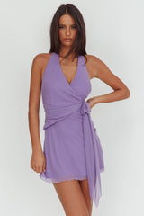 Halo Moon Wrap Front Halter Mini Dress Purple