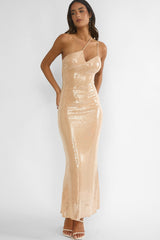 Roselyn One-Shoulder Sequin Maxi Dress Latte