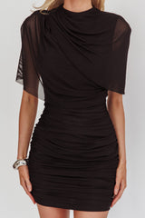 Hendrix Ruched Shoulder Cape Mini Dress Black