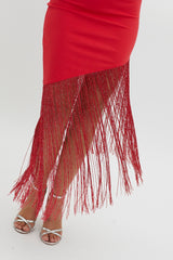 Glitz Asymmetrical Fringe Hem Dress Red