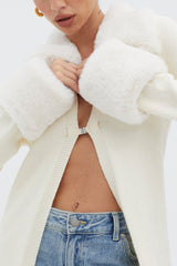 Snowflakes Fur Trim Longline Cardigan Coat Ivory