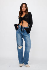 Moon Phase Long Sleeve Crochet Top Black