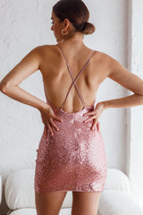 Sicily Asymmetrical Cowl Neckline Sequin Mini Dress Blush