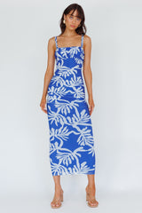 Hawaiian Sun Ruched Bust Midi Dress Print Blue