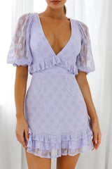 Katherine Puff Sleeve Floral Lace Frill Dress Lavender