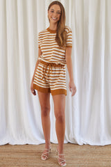 Johana Drawstring Romper Striped Camel