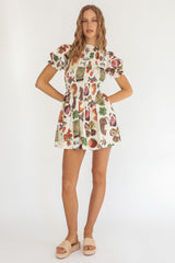Nia Shirred Puff Sleeve Mini Dress Exotic Print Beige