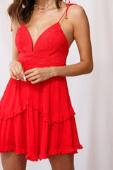 Xenia Tied Shoulder Embroidered Bust Dress Red