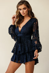 Maddox Fit & Flare Long Sleeve Romper Floral Lace Navy