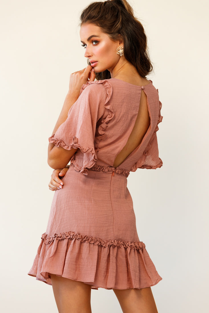Halo V-neckline Frill Detail Dress Rose