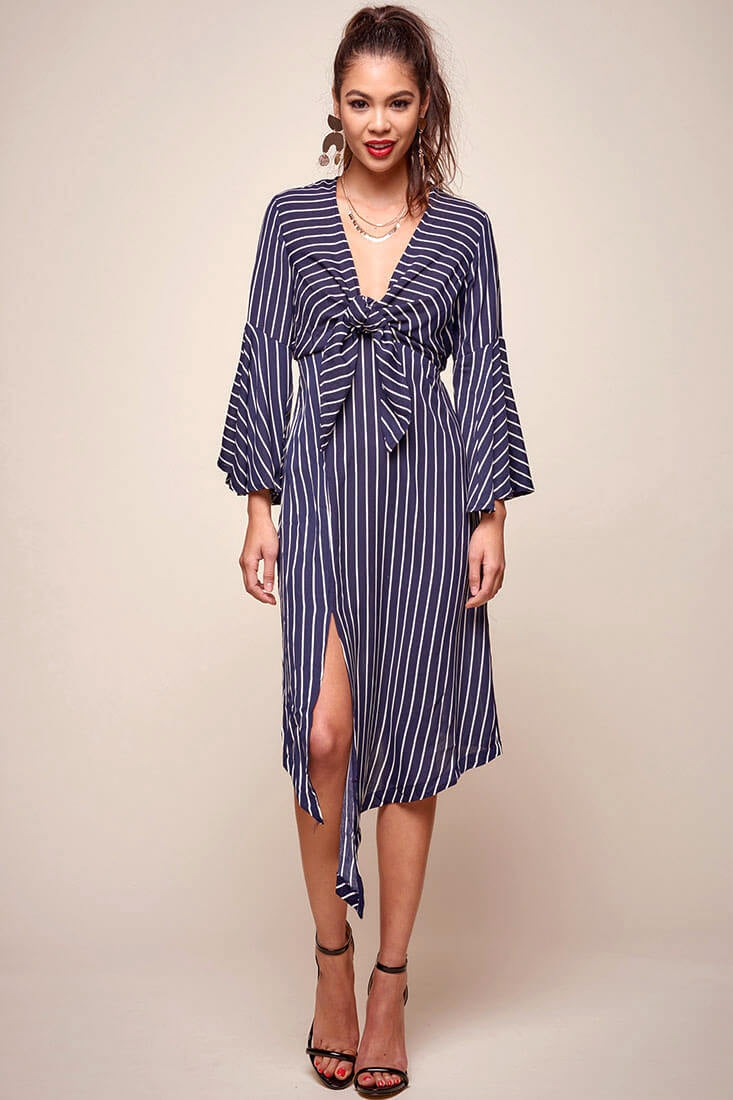 Jaedyn Waist Tie Bell Sleeve Dress Navy