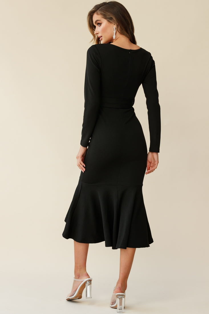 Sorry Not Sorry Long Sleeve Flounce Midi Dress Black