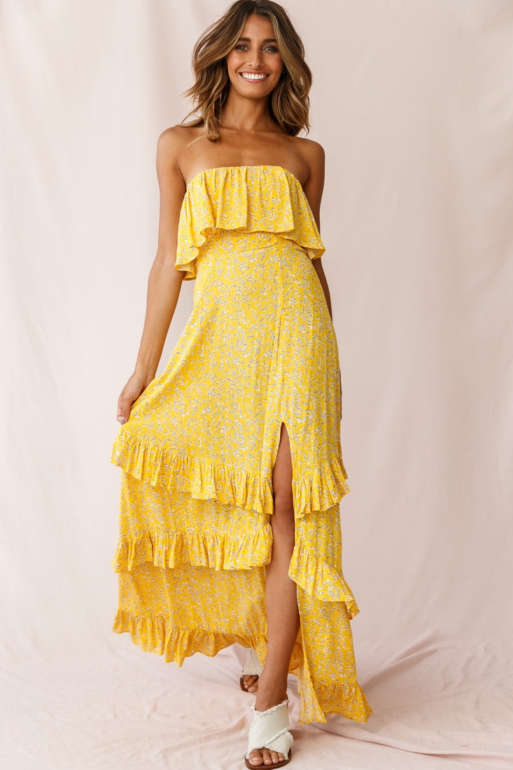 Kiya Layered Bandeau Maxi Dress Leaf Print Mustard