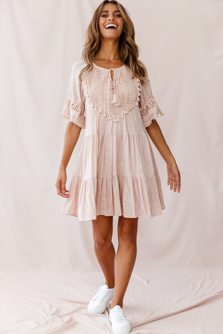 Jada Crochet and Tassel Kaftan Dress Beige