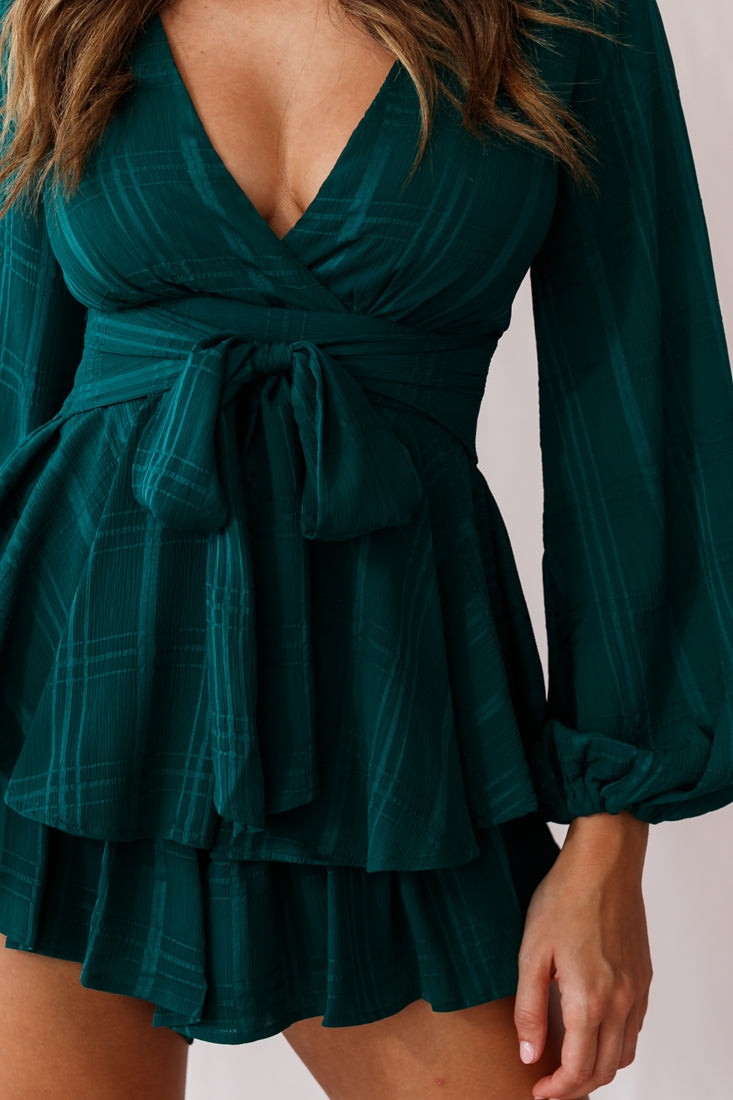 Maddox Fit & Flare Long Sleeve Romper Forest Green