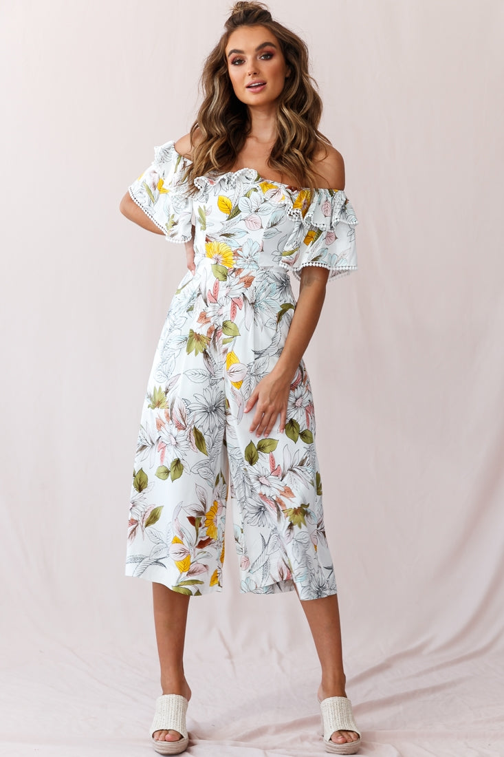 Keeper Off-Shoulder Culotte Jumpsuit Floral Print White