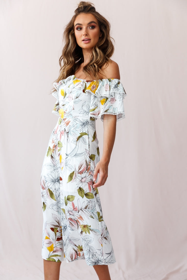 Keeper Off-Shoulder Culotte Jumpsuit Floral Print White