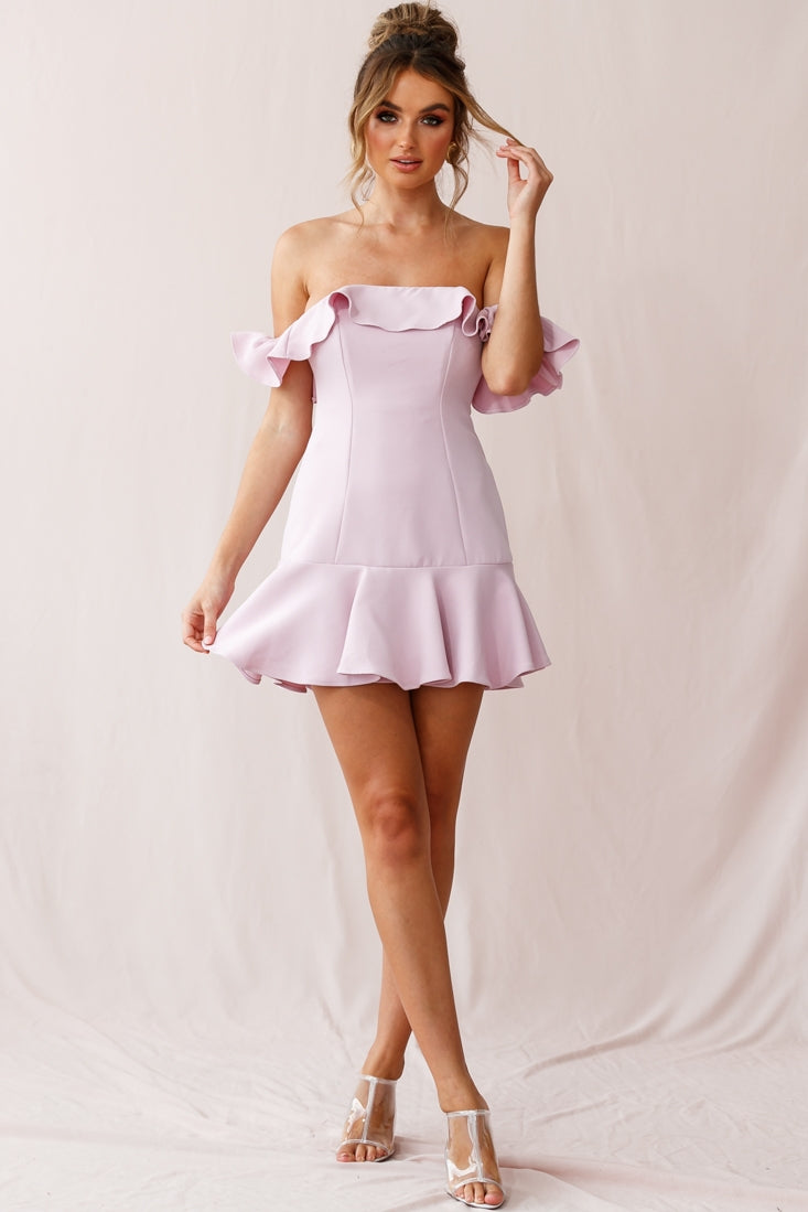 Ondine Bardot Neckline Fluted Hem Dress Mauve