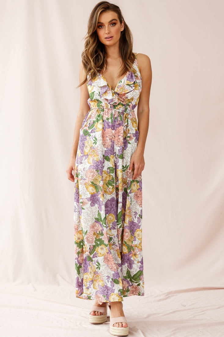 Melita Ruffle V-Neckline Jumpsuit Purple Print