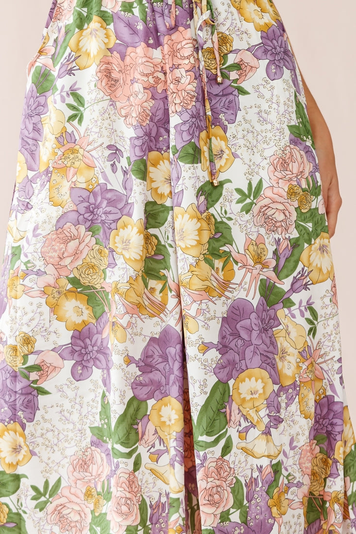 Melita Ruffle V-Neckline Jumpsuit Purple Print
