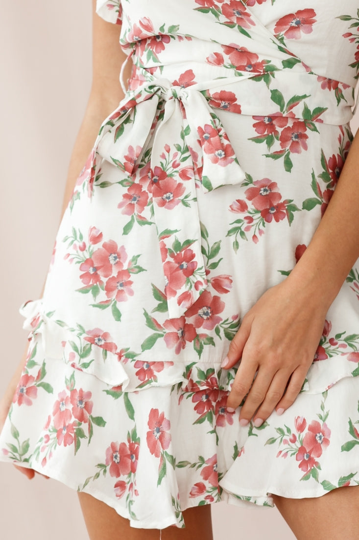 Love Letter Ruffle Sleeve Waist Tie Dress Floral Print White