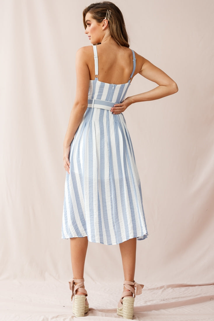 Crystal Tied Knot Belt Midi Dress Stripe Print Blue