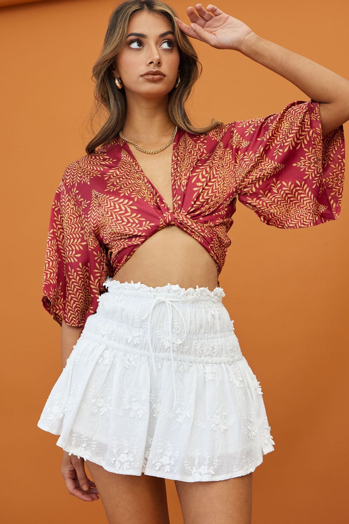 Rivera Deep-V Waist-Tie Top Leaf Print Wine