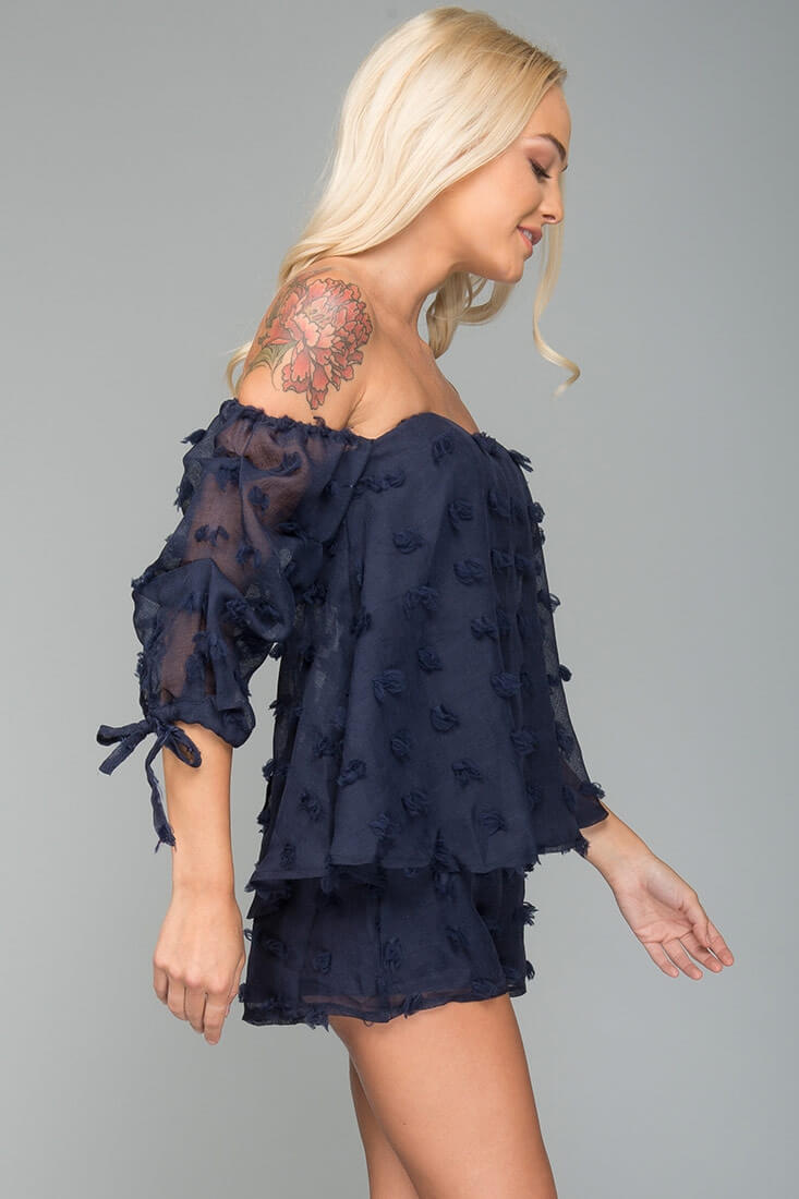 Stefani Heart Shaped Off the Shoulder Romper Navy