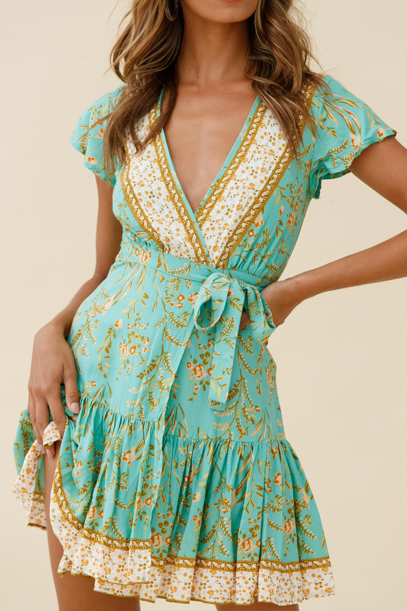 Mayan Angel Sleeve Waist Tie Wrap Dress Floral Print Mint