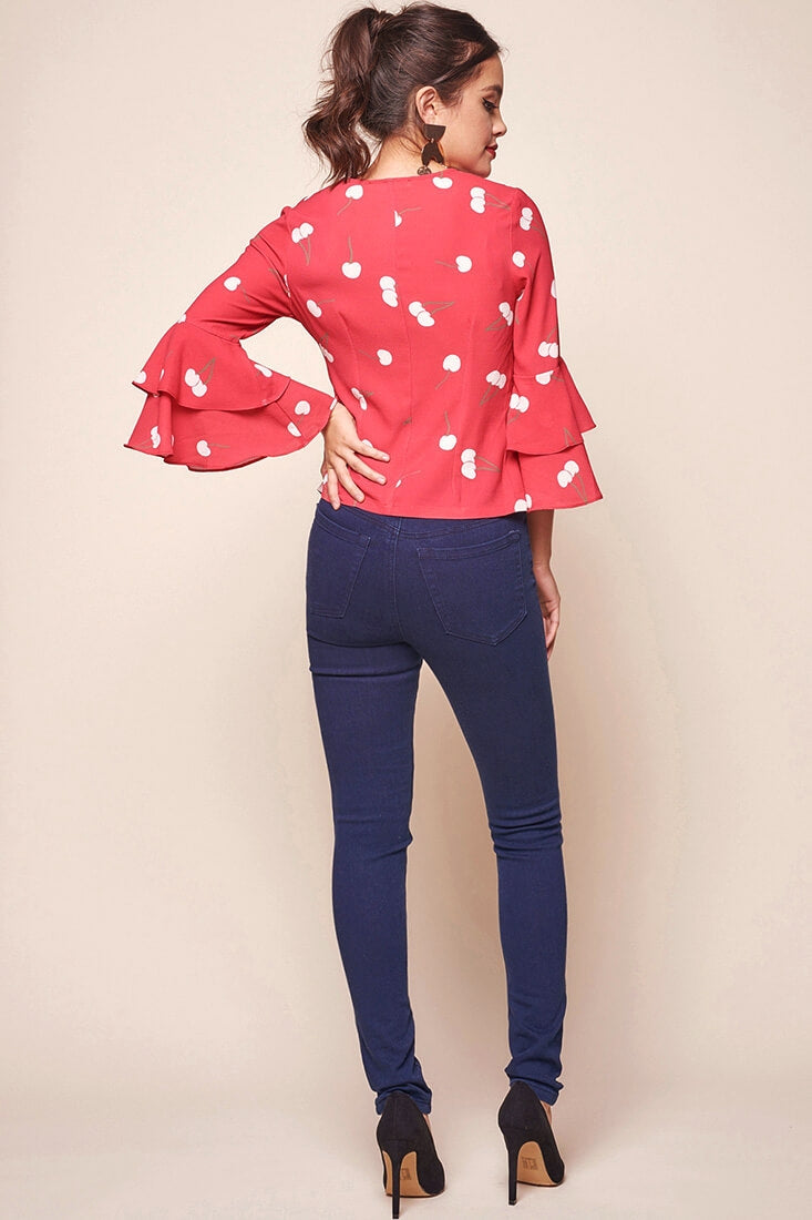 Robbi Cherry on Top Deep V Bell Sleeved Top Red