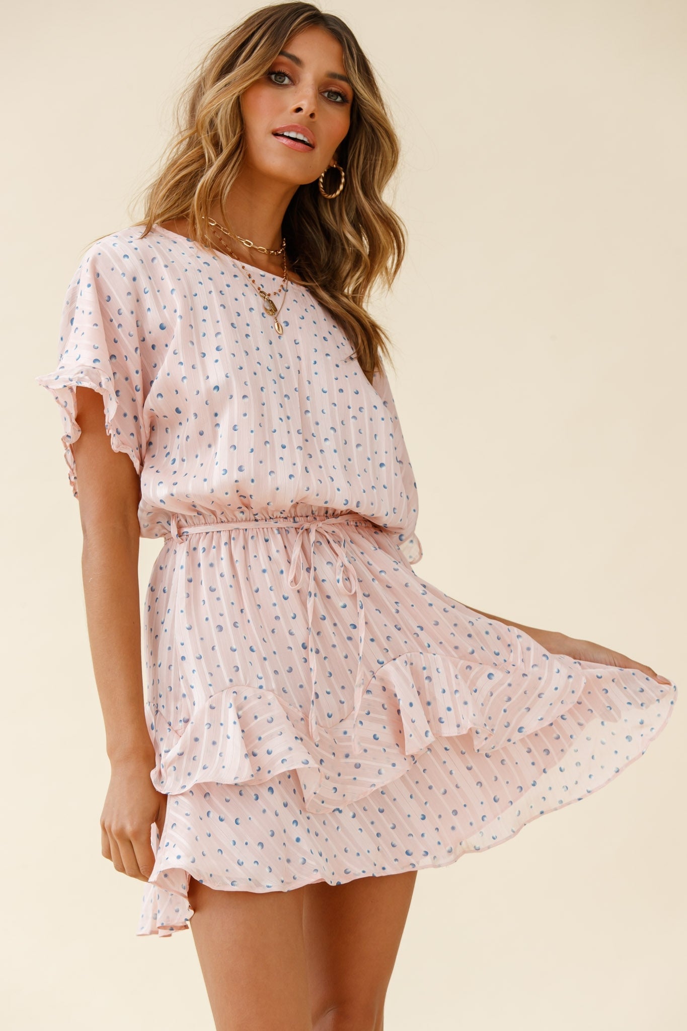 Mollina Frill Sleeve Layered Hem Dress Spot Print Blush