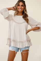 Marionette Three-Quarter Sleeve Pom-Pom Top Beige