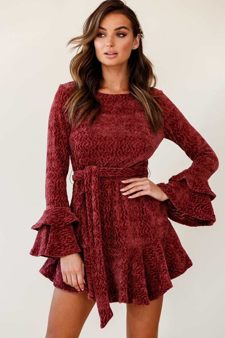 Saphira Long Sleeve Fluted Hem Knit Dress Rose