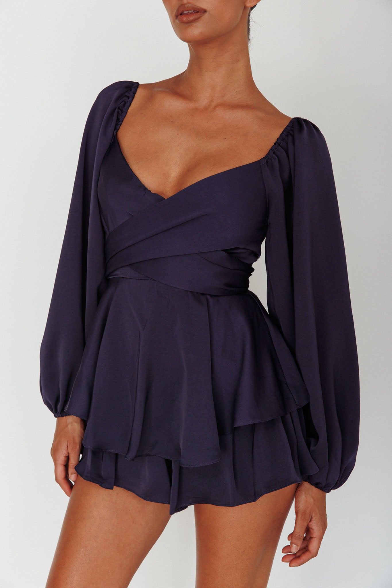 It's Complicated Long Sleeve Flounce Romper Navy