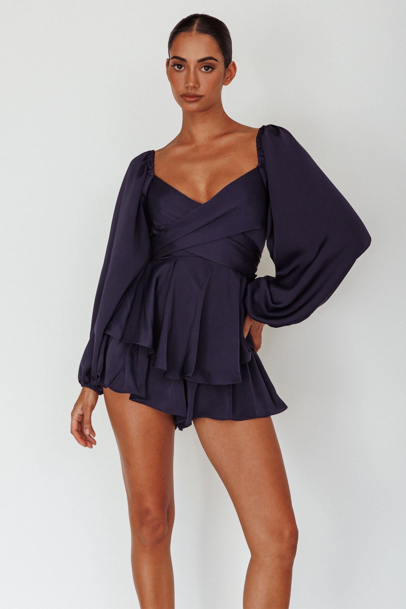 It's Complicated Long Sleeve Flounce Romper Navy